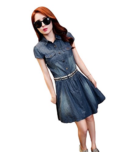 レディース カジュアル エレガント スウィート 春夏物 大きいサイズ ワンピース チュニック デニム シャツ ブラウス フレア ミニスカート 前開き 半袖 レトロ スリム 美脚 セレブファッション かわいいスカーフ付き AT0431