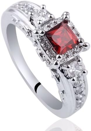Sterling Silver White Gold Plated Square-shape Lab Made Red Garnet Engagement Ring Size 7