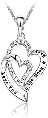 "I Love You to the Moon and Back" Double Love Heart Pendant Necklace, 18" Box Chain, Great Gift for Women