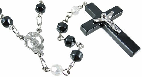 Black Hematite & AB Beads Rosary Necklace W/ Crucifix