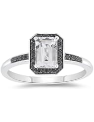 0.10 Cts Black Diamond & 1.30 Cts White Topaz Ring in 10K White Gold