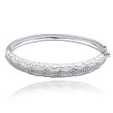 Sterling Silver Platinum Plated Sterling Silver Genuine Diamond Accent and White Epoxy Bangle Bracelet, 7.25