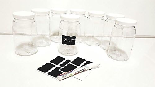 16 Oz Plastic Jars with lids, wide mouth, Bulk Pack of 8, Clear Round Jar &amp; White Lid,-Made in USA