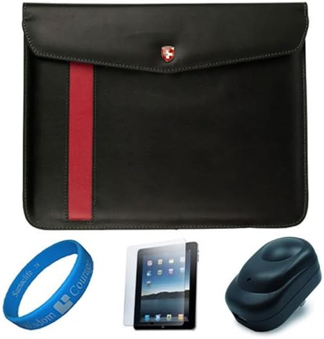 Black Executive Diplomat Leatherware Envelope Carrying Case for Apple iPad 4 / New iPad 3rd Gen / iPad 1 and 2 (16GB 32GB 64GB) compatible with iPad 2 + Clear Anti Gloss Screen Protector + Black Wall Charger + SumacLife Wisdom Courage Wristband