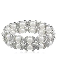 Roman Bride Simulated Pearl and Crystal Bezeled Stretch Bracelet, 7"