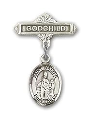 Sterling Silver Baby Badge with St. Walter of Pontnoise Charm and Godchild Badge Pin