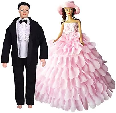 LittleKelly Pink Wedding Dress Ball Gown Clothes Outfits for Barbie Doll + 3 Pcs Formal Suit Black Tuxedo Outfit for Ken Doll