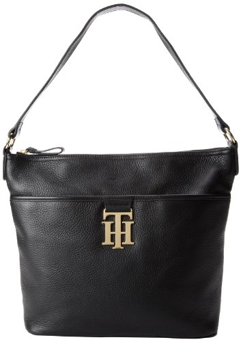 Tommy Hilfiger Monogrammed Pebble Bucket Hobo Handbag