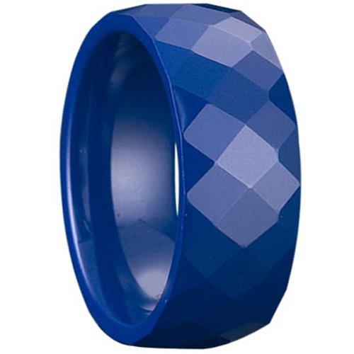 Blue Ceramic Ring - 8mm Width. Faceted Design. (Avail. Sizes 5 to 14).