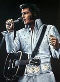 Velvet Elvis Presley 24 X 18 in White Jumpsuit Singing into the Mic with Guitar
