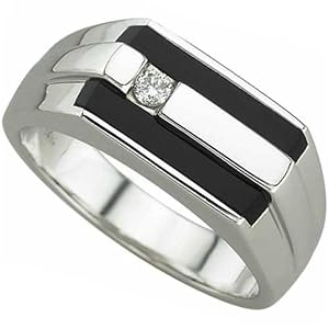 14Kt White Gold Two Row Black Onyx and Diamond Men's Ring