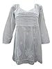 Boho Peasant White Tunic Tops Front Pleated Design Embroidered Kurta M