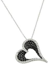 Elegant Micropave Open Heart Necklace , Crafted with Solid Sterling Silver and Black and Diamond Cubic Zirconias, Includes Adjustable 16 or 18 Inch Rolo Chain and Free Gift Pouch and Pouch.
