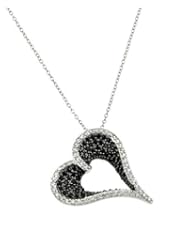 Elegant Micropave Open Heart Necklace , Crafted with Solid Sterling Silver and Black and Diamond Cubic Zirconias, Includes Adjustable 16 or 18 Inch Rolo Chain and Free Gift Pouch and Pouch.