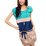 Allegra K Female Short Sleeve Scoop Neck Stretchy Upper Patchwork Dress Green XS