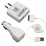 Apple Iphone Ipod Charger, Nano 3 in 1 Kits USB Ac Power Adapter + USB Car Power Charger + USB Sync Cable