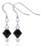 Black & Clear Swarovski Crystal Sterling Silver French Ear Wire Hook Dangle Earrings