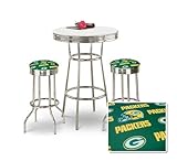 Chrome Bar Table & 2 Chrome Green Bay Packers NFL Fabric Seat Barstools
