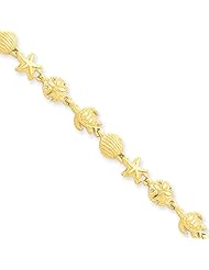 14K Yellow Gold Turtle, Starfish and Shell Beach Bracelet - 7 Inch