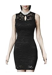 Mandarin Collar Keyhole  Lace Cocktail Sleeveless Floral Print Bodycon Dress/Mini Dress  With Pearls