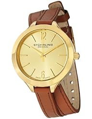Stuhrling Original Womens 568.04 Soiree "Deauville Sport" 23k Yellow Gold-Plated Stainless Steel and Brown Leather Wrap Watch