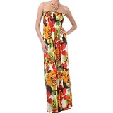 Bright Floral Hawaii Inspired Graphic Print Beaded Halter Smocked Bodice Long / Maxi Dress
