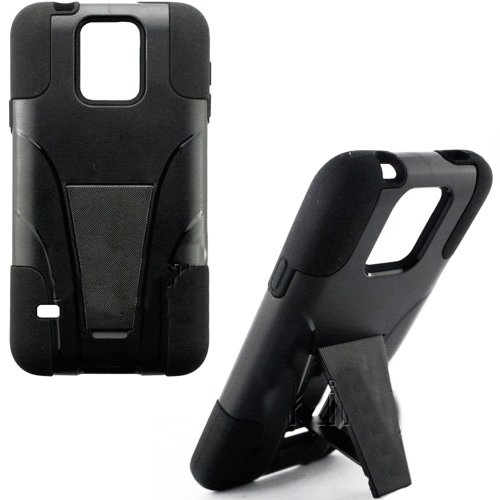 myLife Dark Black - Neo Hybrid Series (Built In Kickstand) 2 Piece + 2 Layer Case for NEW Galaxy S5 (5G) Smartphone by Samsung (External Hard Fit Armor With Built in Kick Stand + Internal Soft Silicone Rubberized Flex Gel Bumper Guard)