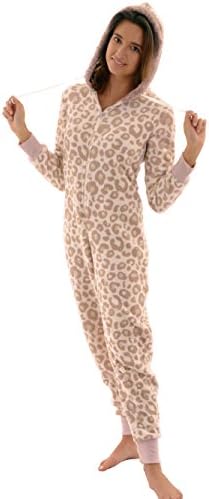 Womens Hooded Fleece Onsie Pajamas Light Brown Animal Print 1 Piece Sizes: Medium