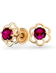 Bling Jewelry 14k Gold July Birthstone Red CZ Children Baby Flower Stud Earrings