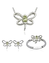 Rhodium Plated Sterling Silver Genuine Peridot Butterfly Pendant, 18", Earring, and Ring Set