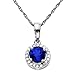 10k White Gold Round Sapphire Diamond-Framed Pendant, 18