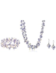 Sterling Silver Colored Freshwater Cultured Pearl Necklace, Stretch Bracelet and Dangle Earring Set, 18"+3"
