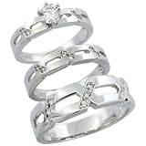 Sterling Silver 3-Piece Trio His (6.5mm) & Hers (4mm) CZ Wedding Ring Band Set; (Ladies Size 5 to10; Men's Size 8 to 14); Ladies Size 8