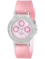 Peugeot Womens 328PK Silver-Tone Swarovski Crystal Accented Multi-Function Pink Rubber Strap Watch