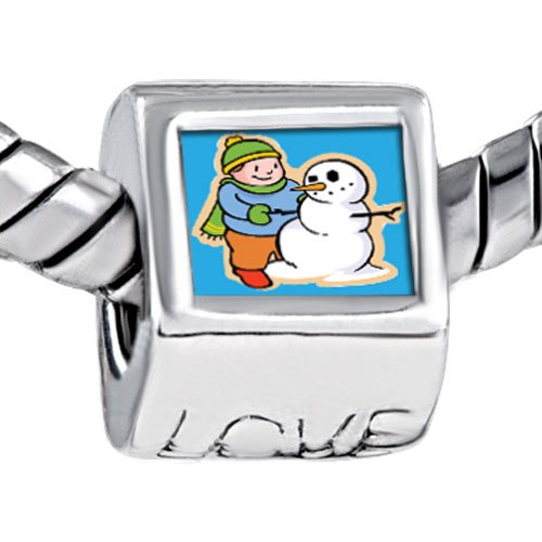 Happy Boy Making Snowman Engraved Love Beads Fits Pandora Charm Bracelet