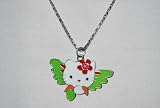 Green & White with Angel Wings Childrens Girls Jewelry Hello Kitty Necklace & Earrings Set, Perfect for Christmas, First Communion, Easter, Graduation, Sunday Dress, Christening or Birthday.