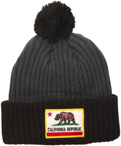 California Republic Sewn Patch Two-Tone Pom Long Beanie (Charcoal Grey/Black)