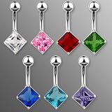 Fancy Belly Rings with Diamond Shape Prong Set Aqua Cubic Zirconia - 14G - 3/8