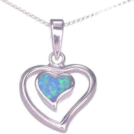 Sterling Silver Open Heart Necklace 18" - Created Opal Center - Rhodium Finish - Pendant Necklace