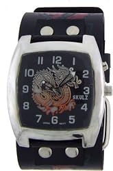 Flaming Square Dragon Wide Black Leather Band Circle Trendy Design Steel Black Dial Gothic Punk Biker Wristband Watch