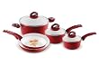 Aeternum Red 8 piece set ceramic non-stick cookware. Nano-ceramic non-stick interiors Heavyweight coined aluminum construction High-temp exterior finish Soft-touch ergonomic handles