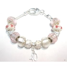 40th Birthday Pandora Style Charm Bracelet - 20cm Silver Plated Charm Bracelet with 13 beads/charms - Ideal Birthday Present.