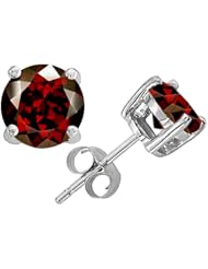 Tommaso Design (tm) Round 7mm Genuine Garnet Earring Studs in 14 kt White Gold