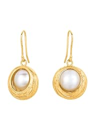 14 Karat Yellow Gold Textured Graduated Open Circle Drop Earring With Inside White Pearl "