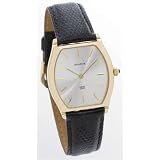 Geneve Mens Watch  Solid 14 Karat Gold Watch with Black Leather Strap. 