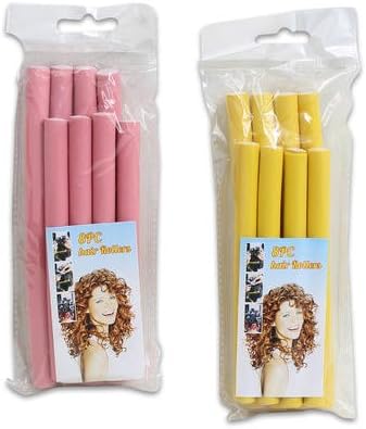 4 Pk, 8 Pc Ea. Pink & Yellow Foam Bendy Hair Rollers (12 Short - 6", 12 Long 7")