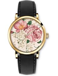 Analog Gold Women Watches Black Leather Wristband - Red and White Flowers