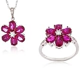 Sterling Silver Created Ruby, Created White Sapphire and Diamond Flower Ring and Pendant Set (0.045cttw, I-J Color, I2-I3 Clarity), 18