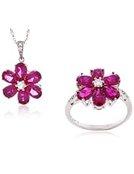 Sterling Silver Created Gemstone and Diamond Ring and Pendant Set (0.045 cttw, I-J Color, I2-I3 Clarity), 18"