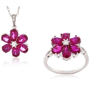 Sterling Silver Created Ruby, Created White Sapphire and Diamond Flower Ring and Pendant Set (0.045cttw, I-J Color, I2-I3 Clarity), 18